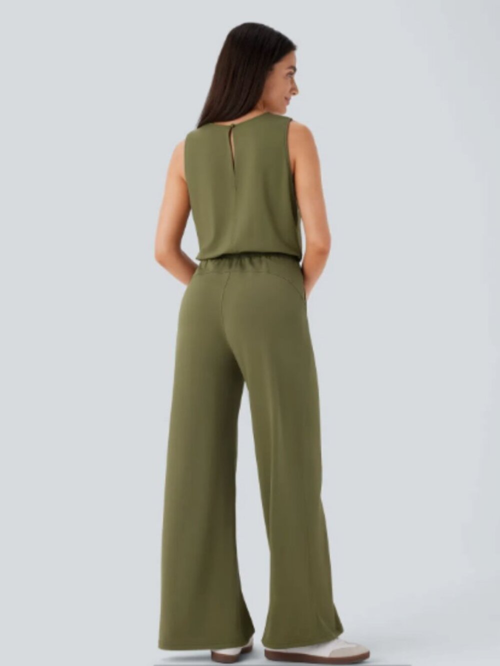 Halara Round Neck Sleeveless Drawstring Pocket Casual Jumpsuit Olive Medium NWT - Picture 2 of 8